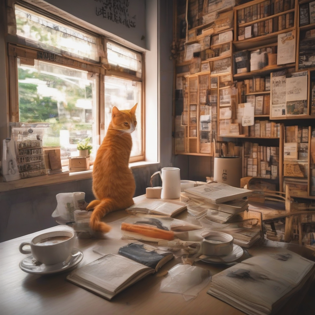 Cat with books and coffee