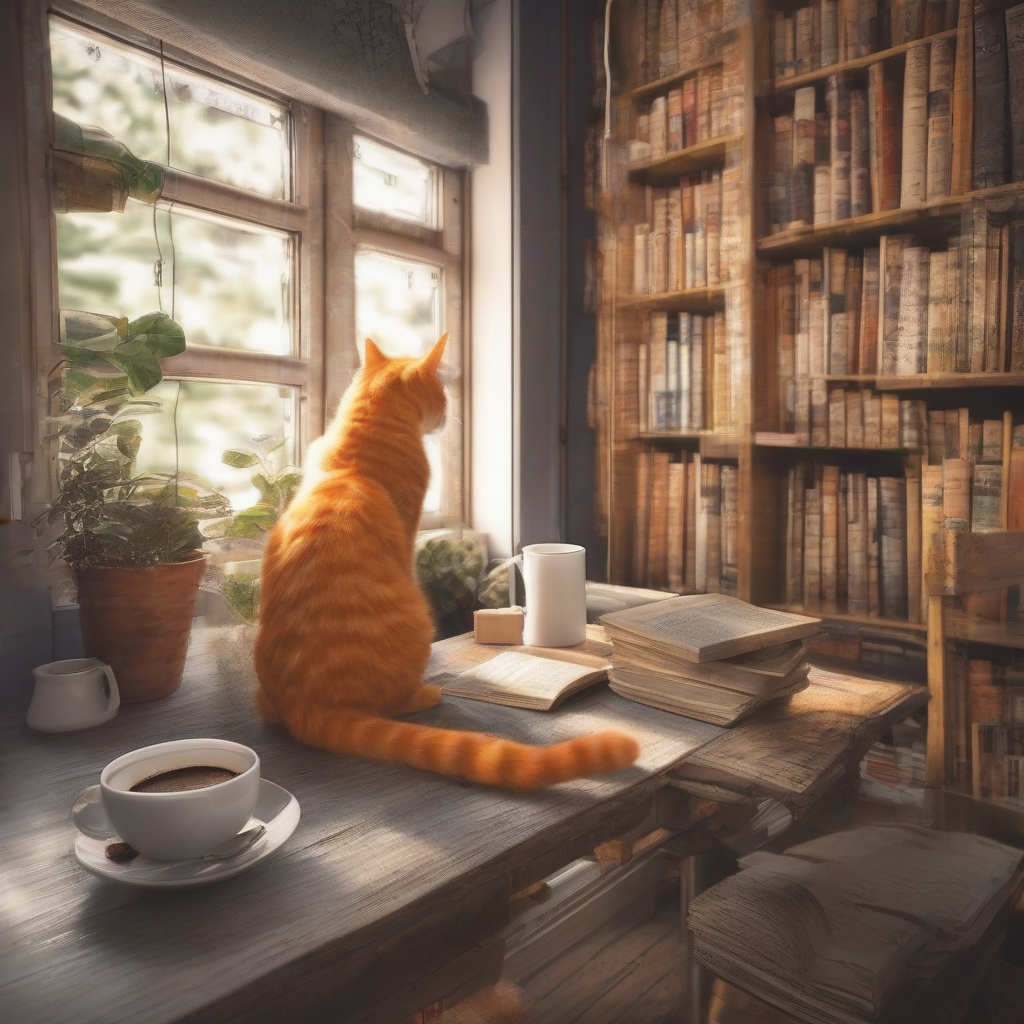 Cat with books and coffee